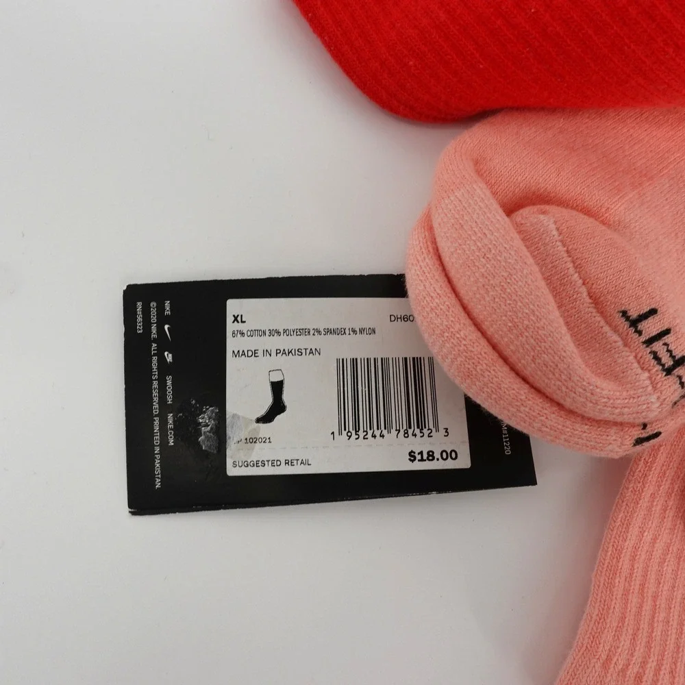 Nike Everyday Plus Cushioned Crew Socks 2 Pair Red Pink Dip Dye Men XL 12-15